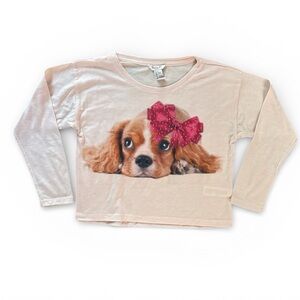 Forever 21 Girls Size 9/10 Medium Kids Beige Dog Print Shirt Rhinestone Bow Glam